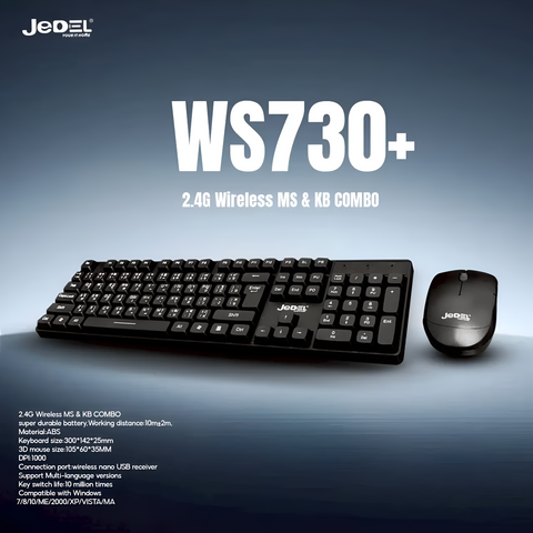 Jedel WS730+ 2.4G Wireless Mouse and Keyboard Combo on a gradient blue background