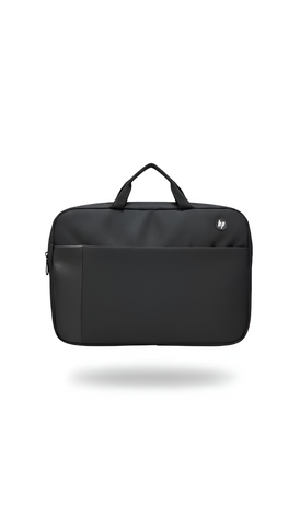 Black laptop bag with a brand logo on a white background