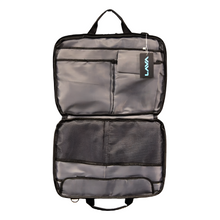 Gray travel organizer with mesh pocket on a white background