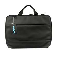 Black briefcase with a visible brand tag on a white background