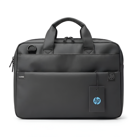 Black HP briefcase with a tag on a white background