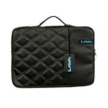 Black quilted laptop sleeve with LAVA branding on a white background