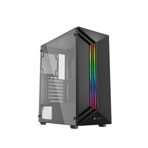 Computer case with RGB lighting on a white background