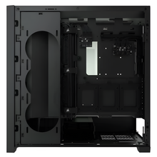 Black computer case with internal components on a white background