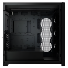 Black computer case with mesh side panel on a white background