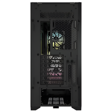 Black computer case with a visible fan on a white background