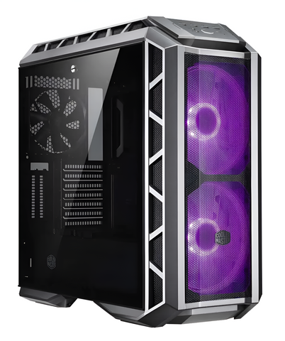 Computer case with purple LED fans on a white background