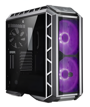 Computer case with purple LED fans on a white background