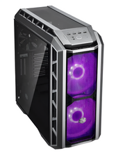 Computer gaming case with purple LED lights on a white background