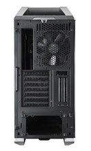 Black computer case with a fan on a white background