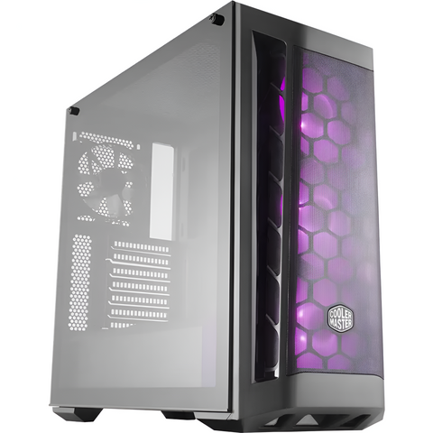 Computer case with purple interior lighting on a white background