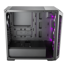 Computer case with purple lighting on a white background