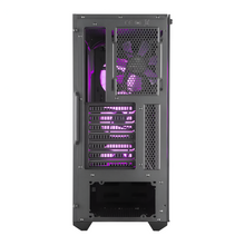 Computer case with purple interior lighting on a white background