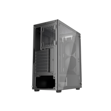 Black computer case with a clear side panel on a white background