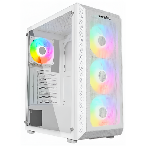 White computer case with RGB fans on a white background