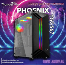 Gaming computer case with rainbow lighting effects on a vibrant background, featuring the brand 'Thunder'.