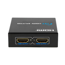 HDMI splitter device with two output ports on a white background
