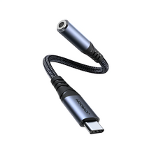 USB-C to 3.5mm audio adapter with braided cable on a white background