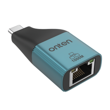 Teal and black USB-C to Ethernet adapter with 'onten' branding on a white background