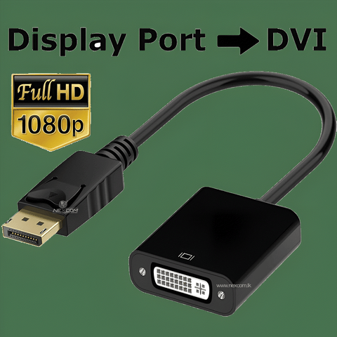 Display Port to DVI adapter with Full HD 1080p certification on a green background