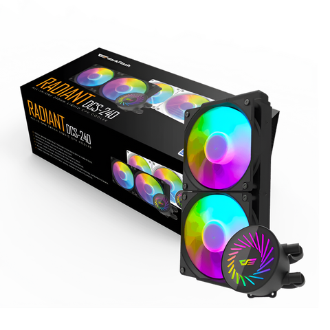 Computer cooling system with RGB lights and packaging on a white background