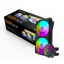 Computer cooling system with RGB lights and packaging on a white background