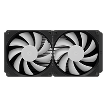 Two cooling fans with black frames and white blades on a white background