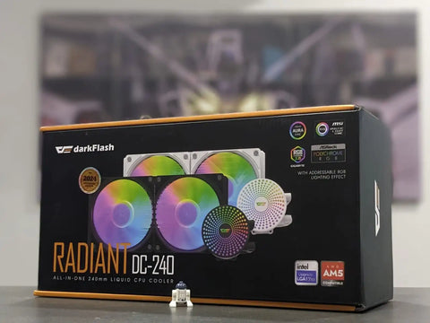 darkFlash Radiant DC-240 CPU cooler packaging on a blurred background