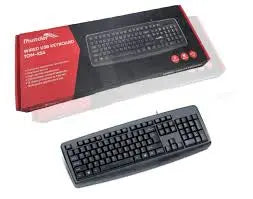Black keyboard with red accents on a white background