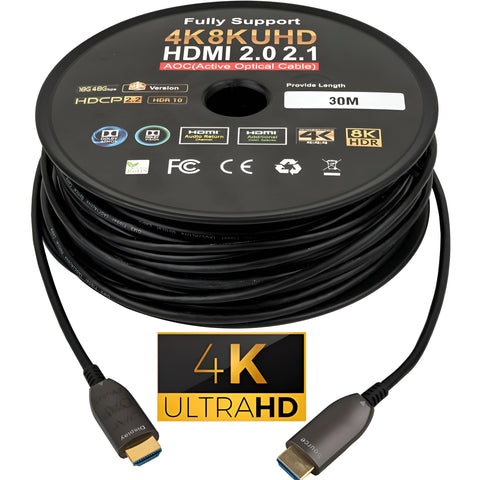 HDMI cable on a spool with 4K Ultra HD and HDMI 2.0 2.1 branding.