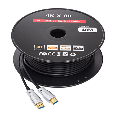 Spool of 4K x 8K active optical cable with HDMI connectors on a white background