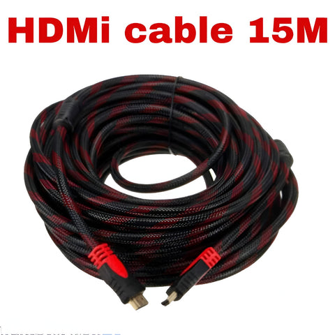 HDMI cable 15M with black and red braided sheathing on a white background