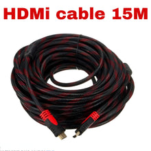 HDMI cable 15M with black and red braided sheathing on a white background