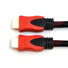 Two HDMI cables with red and black braided connectors on a white background