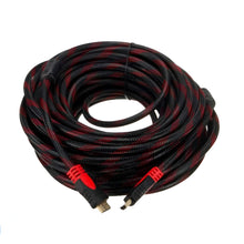 Coiled black and red HDMI cable on a white background