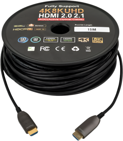 HDMI cable on a spool with specifications on a white background
