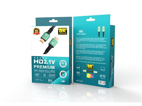 HD2.1V Premium high-speed HDMI cable packaging on a white background