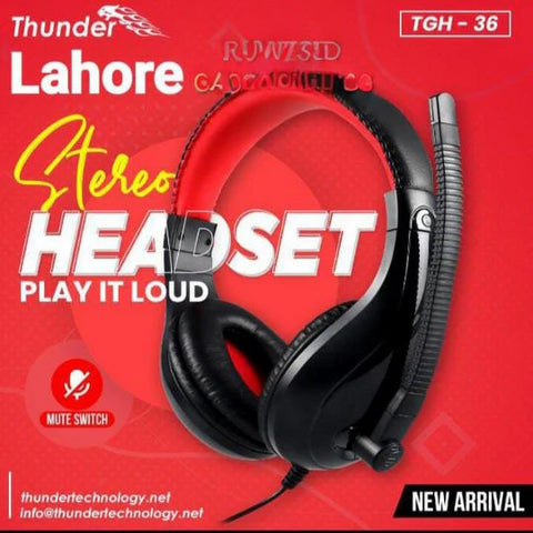 Thunder TGH-36 Sterro Gaming Headset featuring over-ear cushions, adjustable boom mic, and 3.5mm jack for multi-platform gaming use.