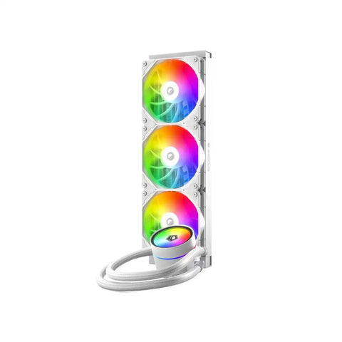 Computer cooling system with RGB LED fans on a white background