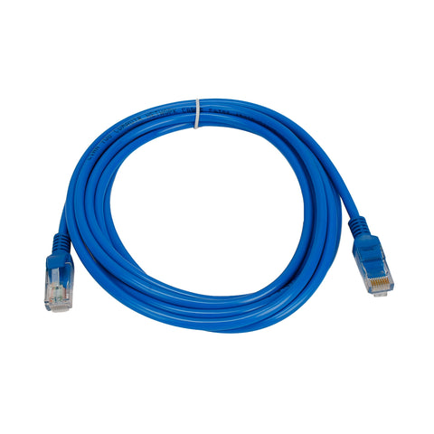 Coiled blue Ethernet cable on a white background