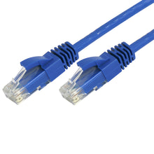 Blue Ethernet cable with clear connectors on a white background