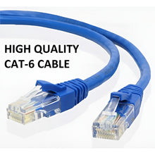 Blue Ethernet cable with clear connectors on a white background, labeled 'High Quality CAT-6 Cable'.