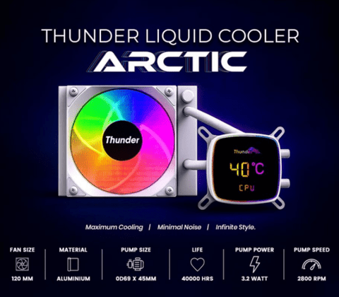 Arctic Thunder liquid cooler with colorful fan and digital display on a dark background