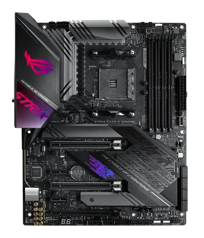 Computer motherboard with ASUS ROG logo on a white background