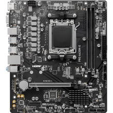 Computer motherboard with various components on a white background