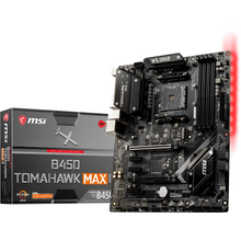 MSI B450 Tomahawk MAXI motherboard and packaging on a white background