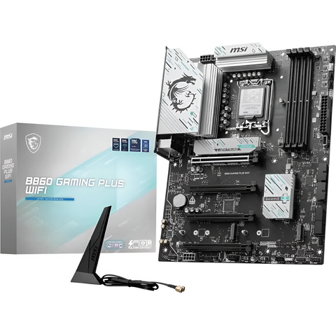 MSI B860 Gaming Plus WiFi motherboard with packaging on a white background