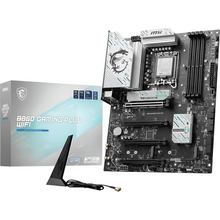 MSI B860 Gaming Plus WiFi motherboard with packaging on a white background