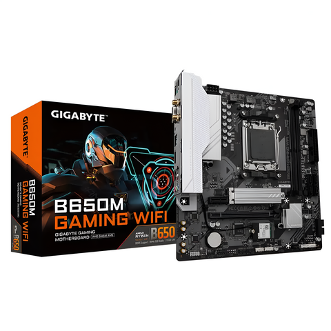 Gigabyte B650M Gaming WiFi motherboard and packaging on a white background