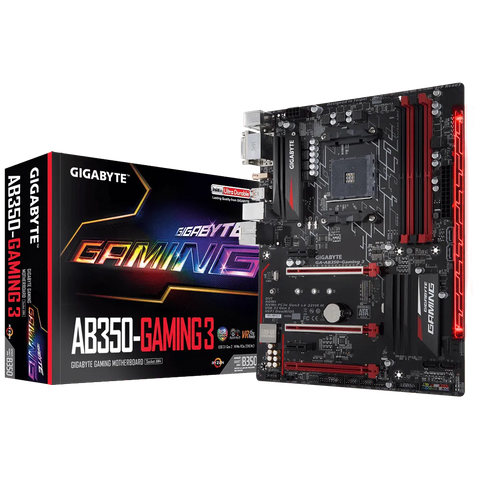 Gigabyte AB350-Gaming 3 motherboard and packaging on a white background